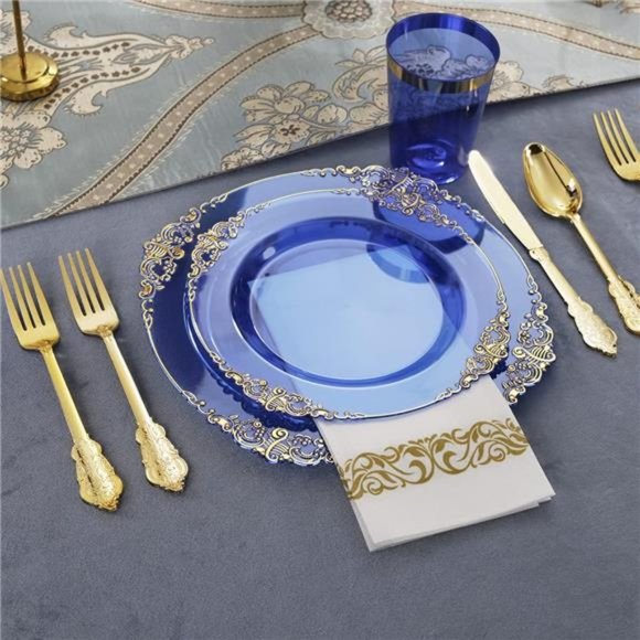 175PCS Clear BlueGold Plastic PlatesSet Include 25Dinner Plates,25Dessert Plates - Picture 4 of 7